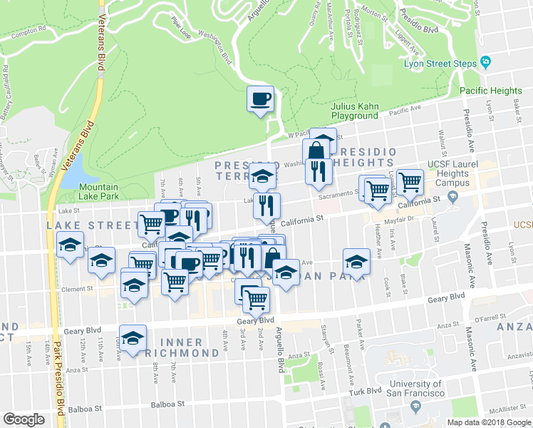 map of restaurants, bars, coffee shops, grocery stores, and more near 110 2nd Avenue in San Francisco