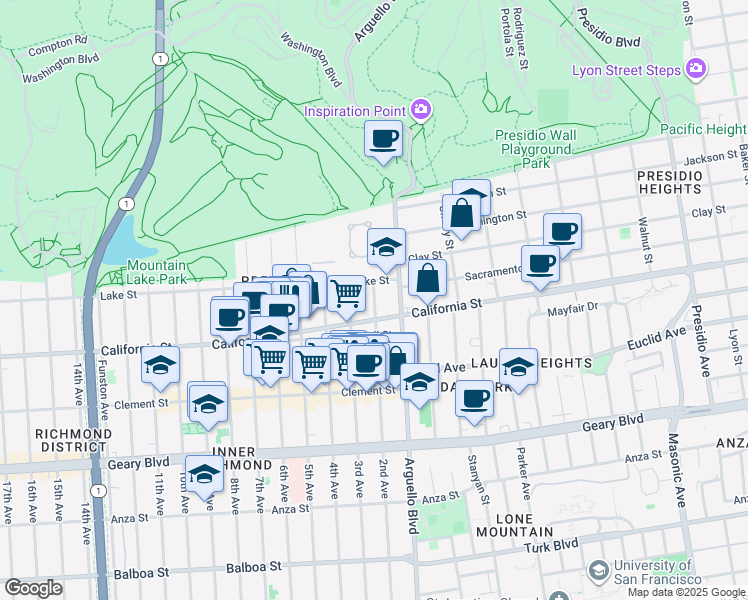 map of restaurants, bars, coffee shops, grocery stores, and more near 110 2nd Avenue in San Francisco