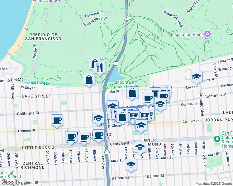 map of restaurants, bars, coffee shops, grocery stores, and more near 1016 Lake Street in San Francisco