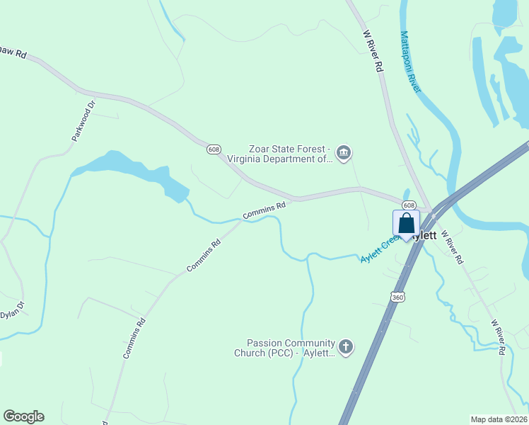 map of restaurants, bars, coffee shops, grocery stores, and more near Commins Road in Aylett