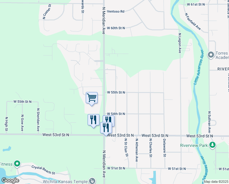 map of restaurants, bars, coffee shops, grocery stores, and more near 2400-2498 West 55th Street North in Wichita