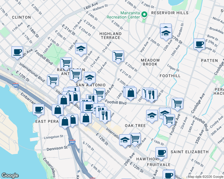 map of restaurants, bars, coffee shops, grocery stores, and more near 2314 East 19th Street in Oakland