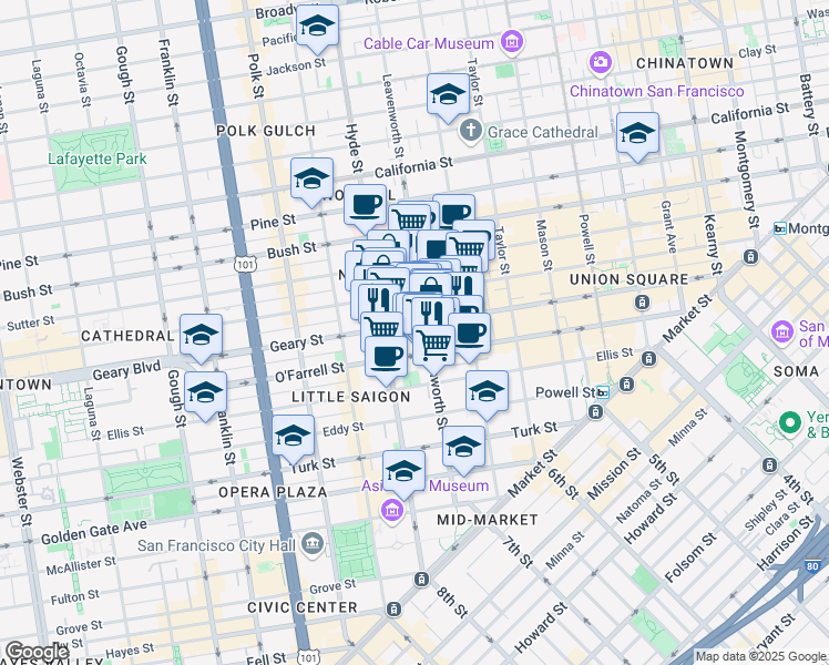 map of restaurants, bars, coffee shops, grocery stores, and more near in San Francisco
