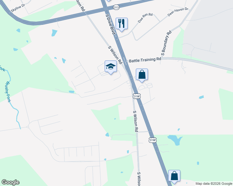 map of restaurants, bars, coffee shops, grocery stores, and more near Amy Avenue in Radcliff