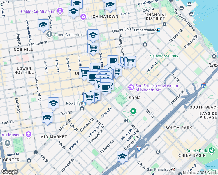 map of restaurants, bars, coffee shops, grocery stores, and more near 765 Market Street in San Francisco
