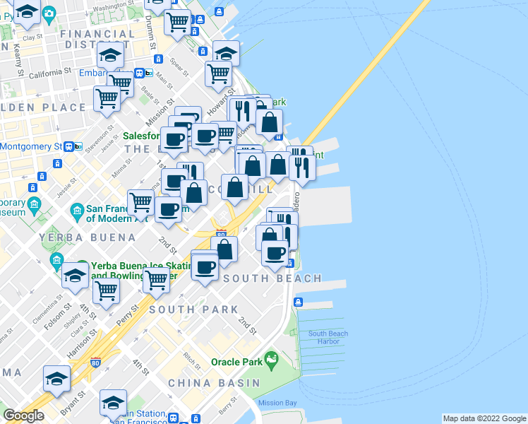 map of restaurants, bars, coffee shops, grocery stores, and more near 1 Bayside Village Place in San Francisco