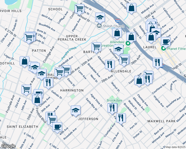 map of restaurants, bars, coffee shops, grocery stores, and more near 3600 Nevil Street in Oakland