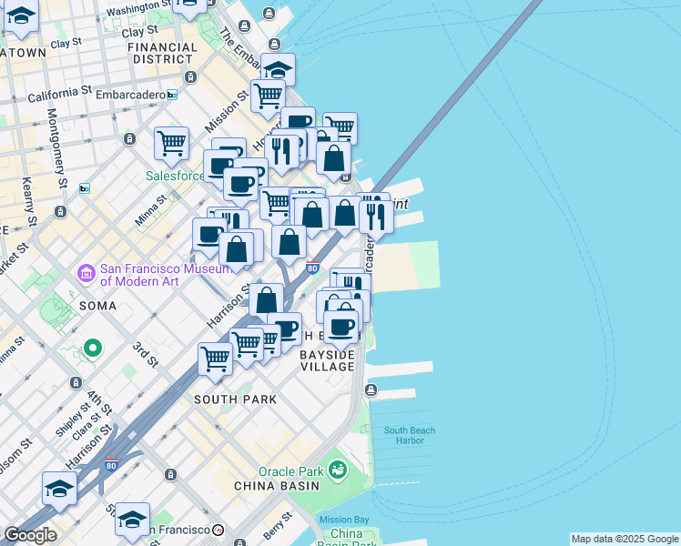 map of restaurants, bars, coffee shops, grocery stores, and more near 501 Beale Street in San Francisco