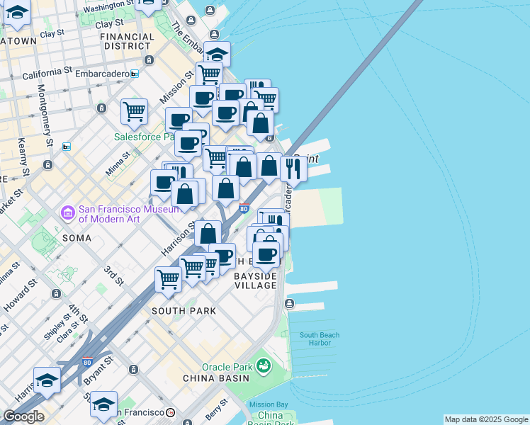 map of restaurants, bars, coffee shops, grocery stores, and more near 501 Beale Street in San Francisco