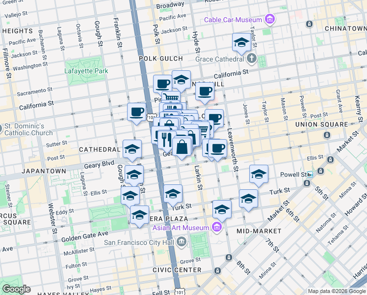 map of restaurants, bars, coffee shops, grocery stores, and more near 1081 Post Street in San Francisco