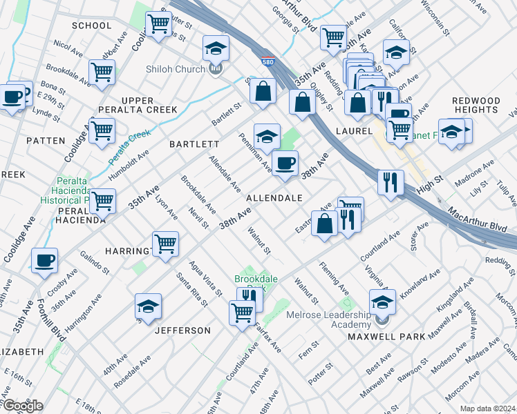 map of restaurants, bars, coffee shops, grocery stores, and more near 2802 38th Avenue in Oakland