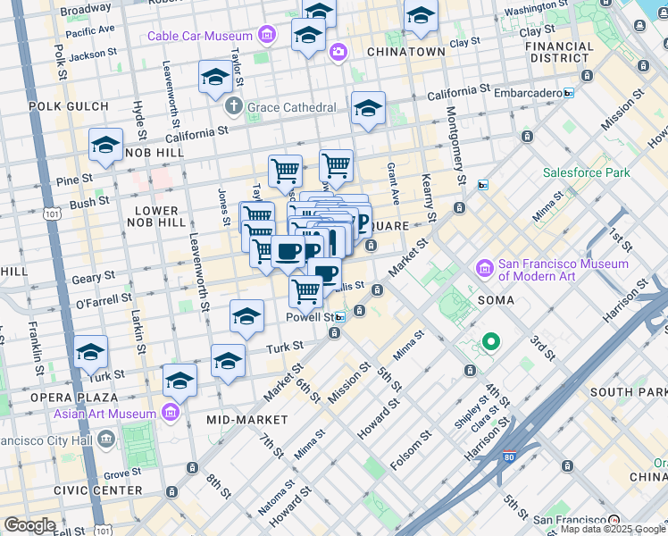 map of restaurants, bars, coffee shops, grocery stores, and more near 218 O'Farrell Street in San Francisco
