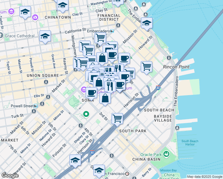 map of restaurants, bars, coffee shops, grocery stores, and more near 235 2nd Street in San Francisco
