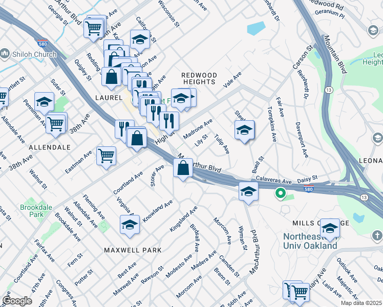 map of restaurants, bars, coffee shops, grocery stores, and more near 4459 Masterson Street in Oakland