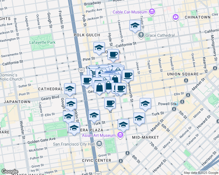 map of restaurants, bars, coffee shops, grocery stores, and more near 926 Larkin Street in San Francisco