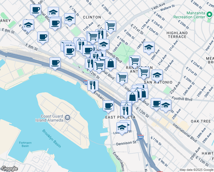 map of restaurants, bars, coffee shops, grocery stores, and more near 1801-1899 E 12th St in Oakland