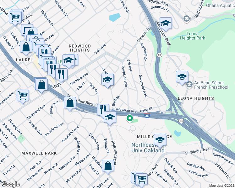 map of restaurants, bars, coffee shops, grocery stores, and more near 4616 Steele Street in Oakland