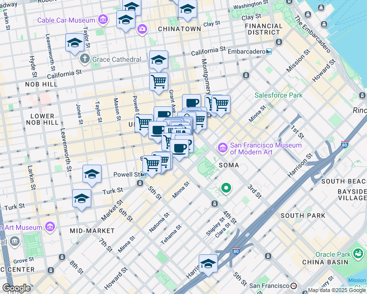 map of restaurants, bars, coffee shops, grocery stores, and more near 757 Market Street in San Francisco