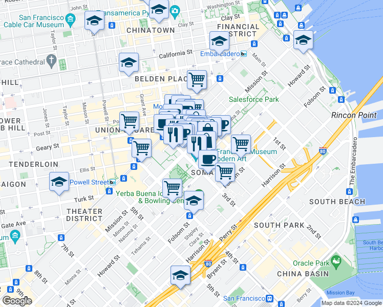 map of restaurants, bars, coffee shops, grocery stores, and more near 680 Mission Street in San Francisco