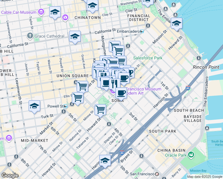 map of restaurants, bars, coffee shops, grocery stores, and more near 188 Minna Street in San Francisco