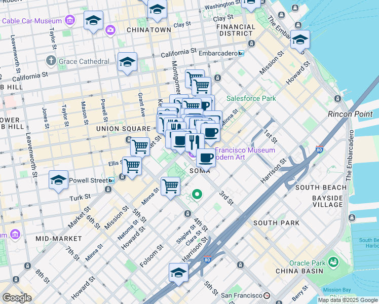 map of restaurants, bars, coffee shops, grocery stores, and more near 188 Minna Street in San Francisco