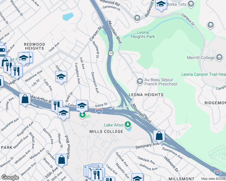map of restaurants, bars, coffee shops, grocery stores, and more near 4820 Reinhardt Drive in Oakland