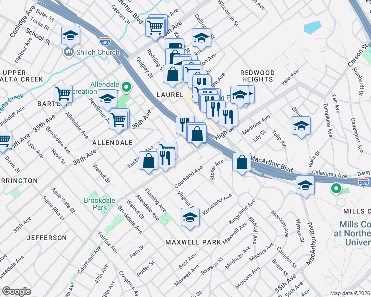 map of restaurants, bars, coffee shops, grocery stores, and more near 3403 High Street in Oakland