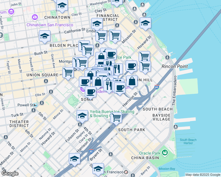 map of restaurants, bars, coffee shops, grocery stores, and more near 235 2nd Street in San Francisco