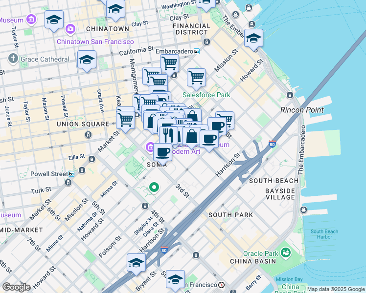 map of restaurants, bars, coffee shops, grocery stores, and more near 168 2nd Street in San Francisco