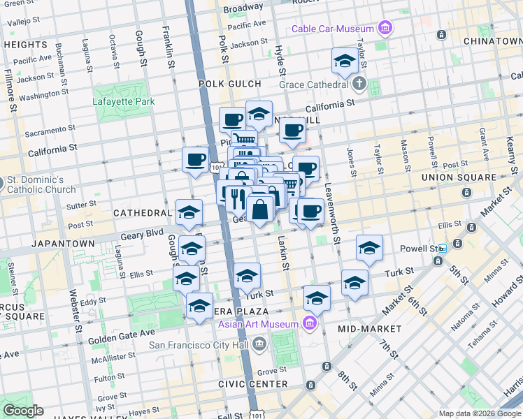 map of restaurants, bars, coffee shops, grocery stores, and more near in San Francisco