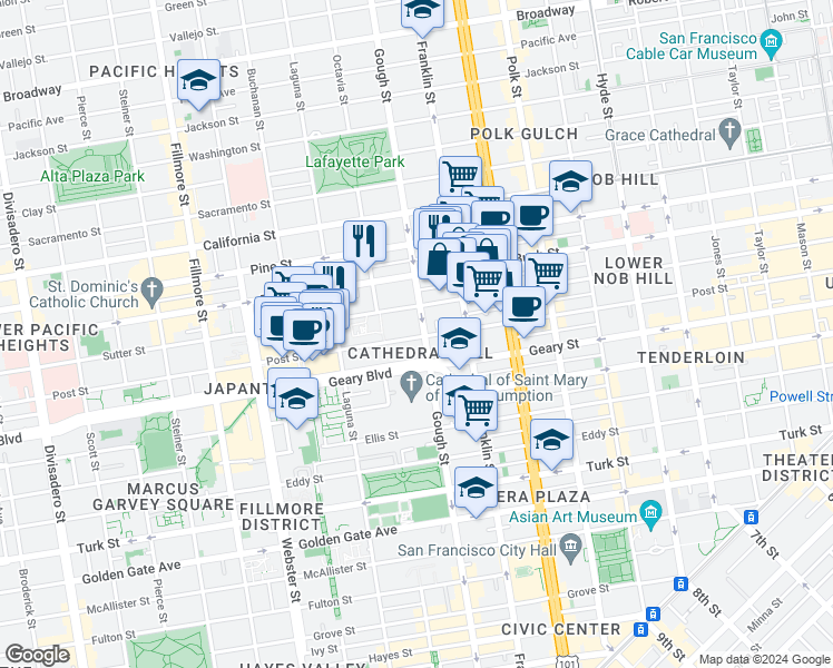 map of restaurants, bars, coffee shops, grocery stores, and more near 1407 Gough Street in San Francisco