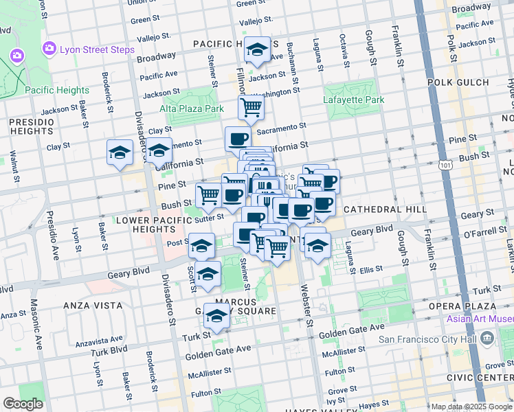 map of restaurants, bars, coffee shops, grocery stores, and more near in San Francisco