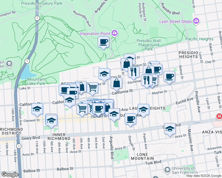map of restaurants, bars, coffee shops, grocery stores, and more near in San Francisco