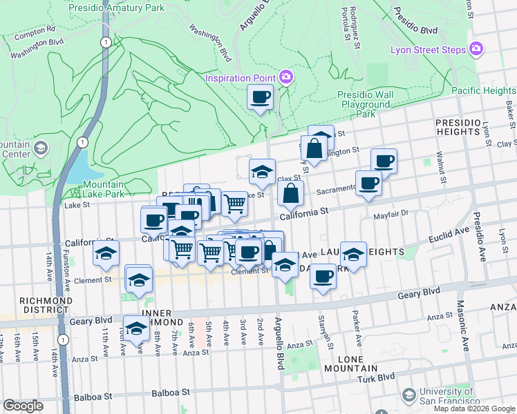 map of restaurants, bars, coffee shops, grocery stores, and more near 110 2nd Avenue in San Francisco