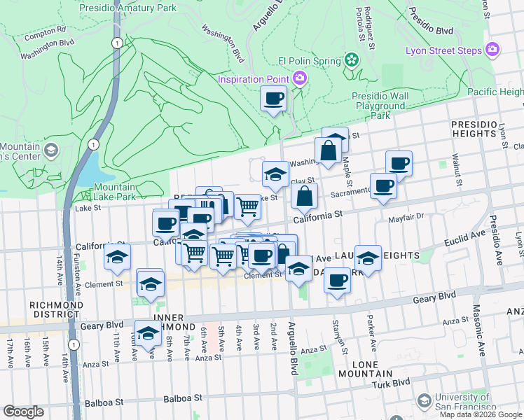 map of restaurants, bars, coffee shops, grocery stores, and more near 110 2nd Avenue in San Francisco