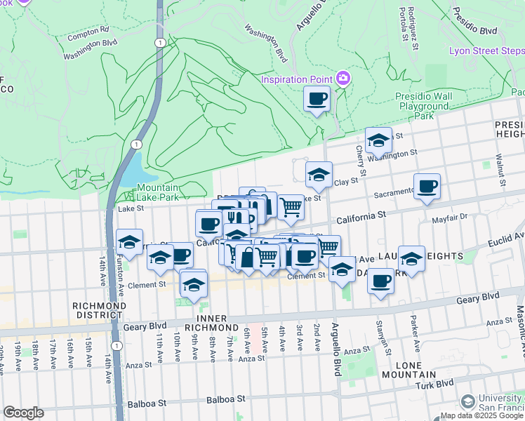 map of restaurants, bars, coffee shops, grocery stores, and more near 321 Lake Street in San Francisco