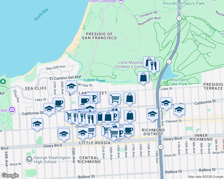 map of restaurants, bars, coffee shops, grocery stores, and more near 50 20th Avenue in San Francisco