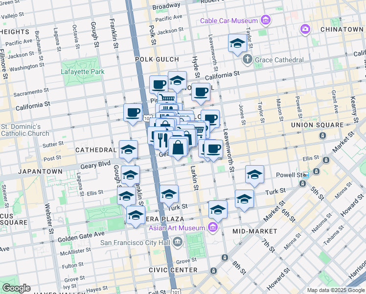 map of restaurants, bars, coffee shops, grocery stores, and more near in San Francisco