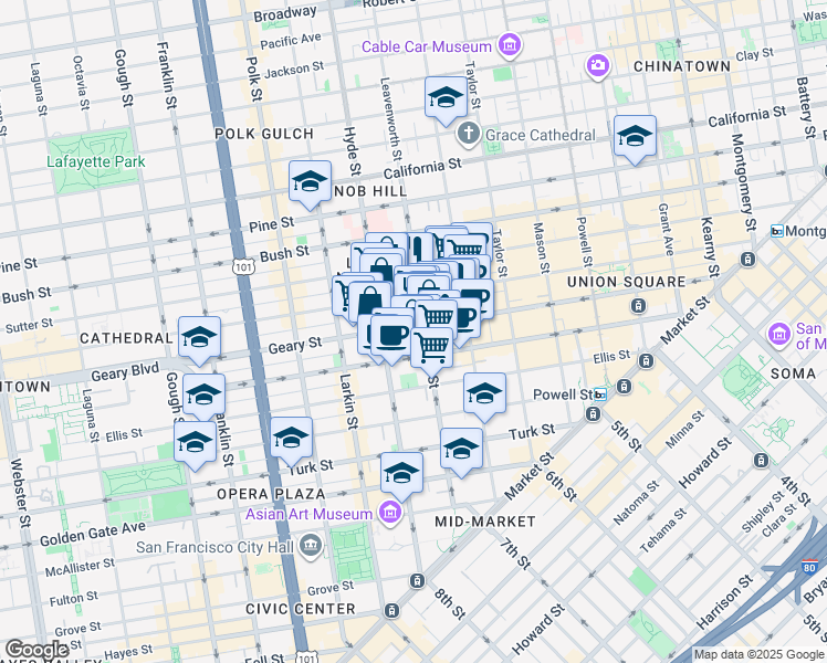 map of restaurants, bars, coffee shops, grocery stores, and more near 721 Geary Street in San Francisco