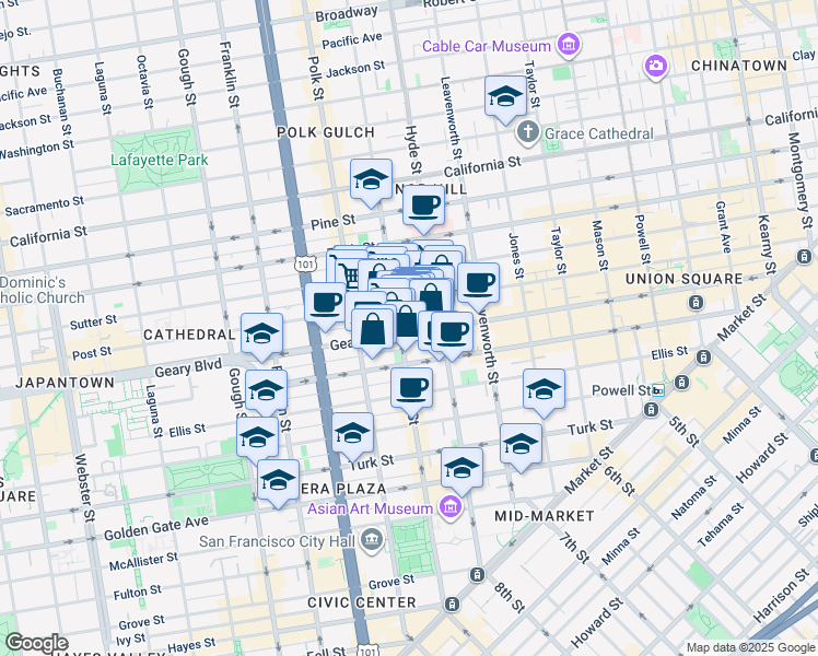 map of restaurants, bars, coffee shops, grocery stores, and more near 920 Larkin Street in San Francisco