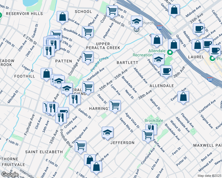 map of restaurants, bars, coffee shops, grocery stores, and more near 3525 Lyon Avenue in Oakland