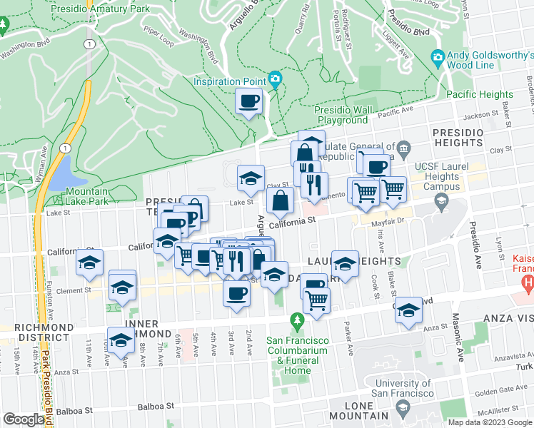 map of restaurants, bars, coffee shops, grocery stores, and more near in San Francisco