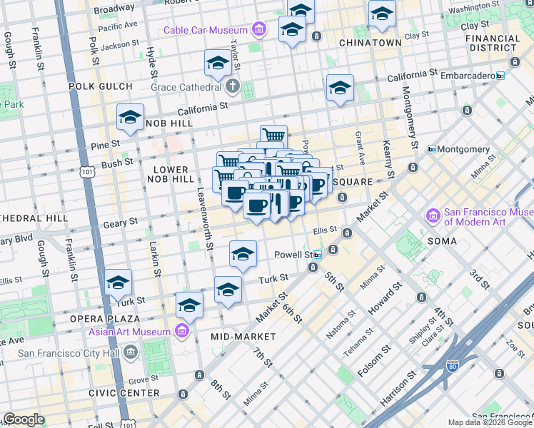 map of restaurants, bars, coffee shops, grocery stores, and more near 301 Mason Street in San Francisco