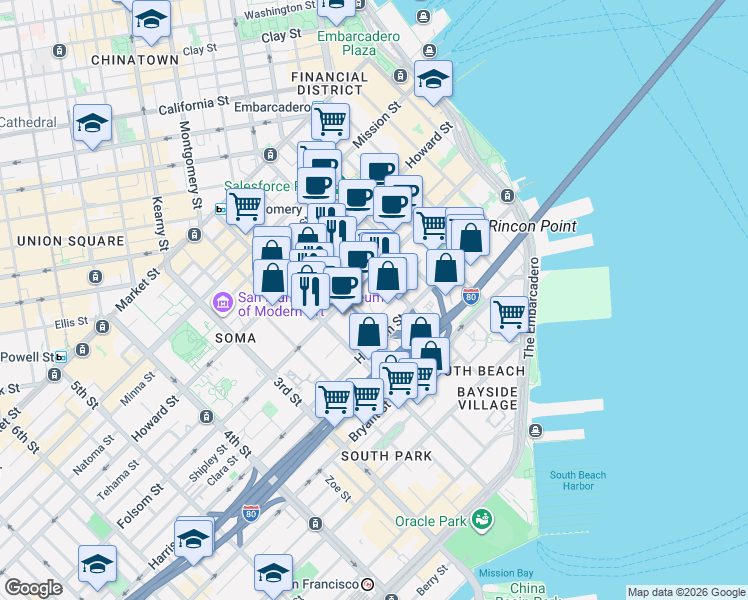 map of restaurants, bars, coffee shops, grocery stores, and more near 346 1st Street in San Francisco