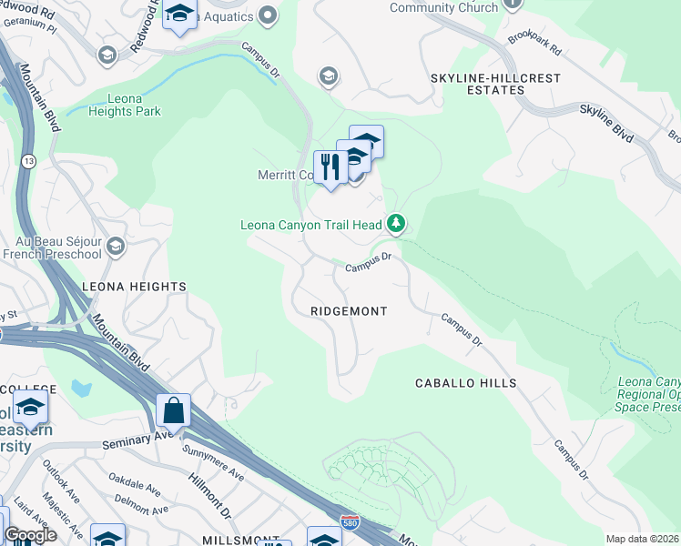 map of restaurants, bars, coffee shops, grocery stores, and more near 6102 Viewcrest Drive in Oakland