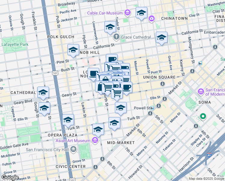 map of restaurants, bars, coffee shops, grocery stores, and more near 639 Geary Street in San Francisco