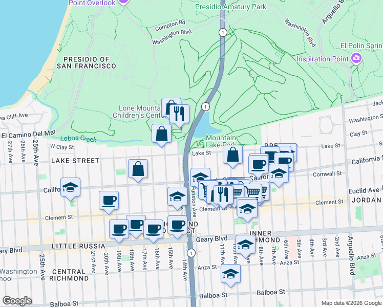 map of restaurants, bars, coffee shops, grocery stores, and more near Funston Avenue & Lake Street in San Francisco