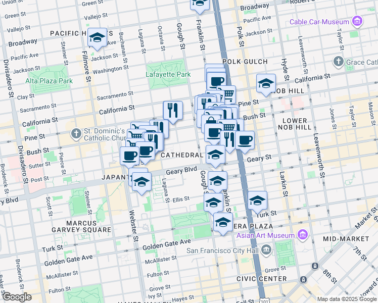 map of restaurants, bars, coffee shops, grocery stores, and more near 1450 Post Street in San Francisco