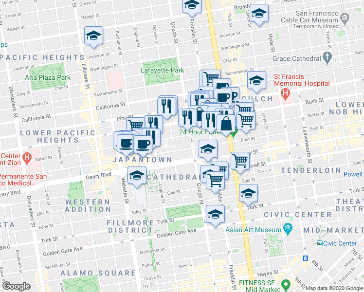 map of restaurants, bars, coffee shops, grocery stores, and more near 1407 Gough Street in San Francisco