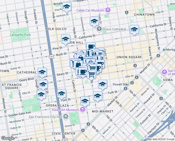 map of restaurants, bars, coffee shops, grocery stores, and more near 721 Geary Street in San Francisco